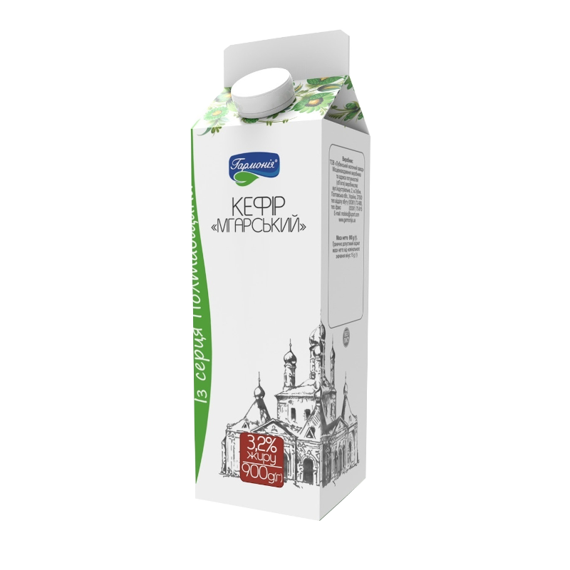 Кефір ГАРМОНІЯ 3,2%, 900г, пляшка картонна